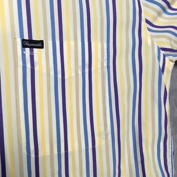 Faconnable Mens Shirt size Medium Short Sleeve Button Up Striped Purple Blue USA - Picture 11 of 14